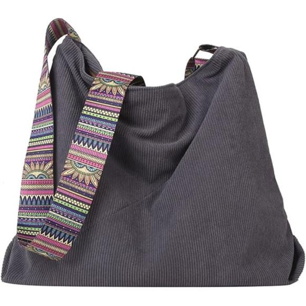 Corduroy Shoulder Tote Bag with Patterned Strap - Gray